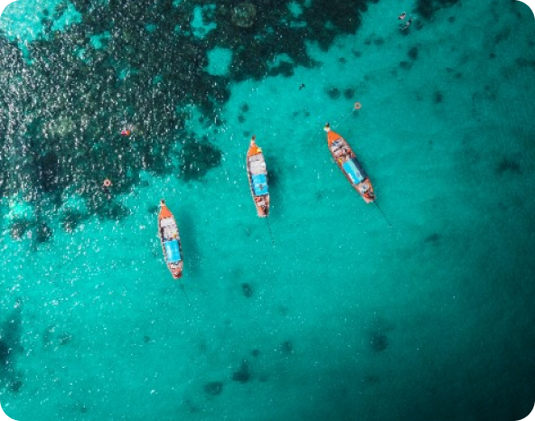 The view of some boats in the sea, from a high point.